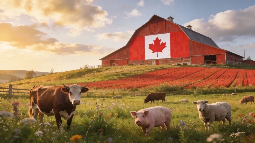 A Canadian Farm scene with cattle, pigs, lambs in harmony.
